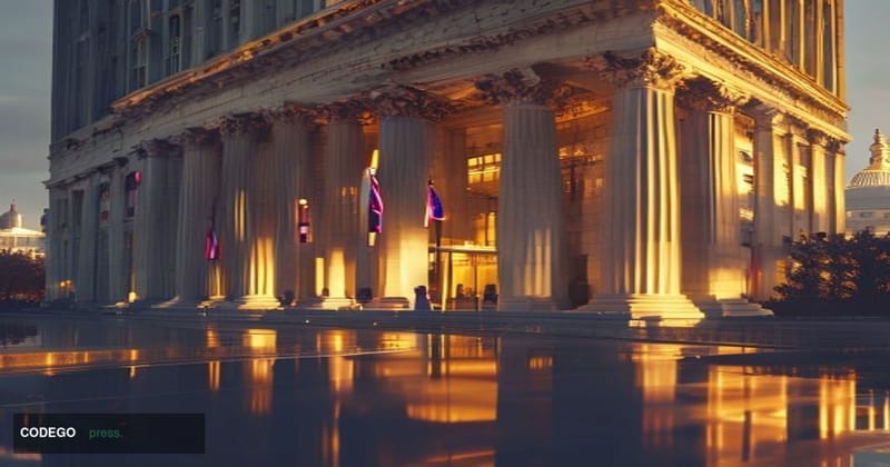 A photorealistic editorial photograph capturing the headquarters of the U.S. Securities and Exchange Commission in Washington