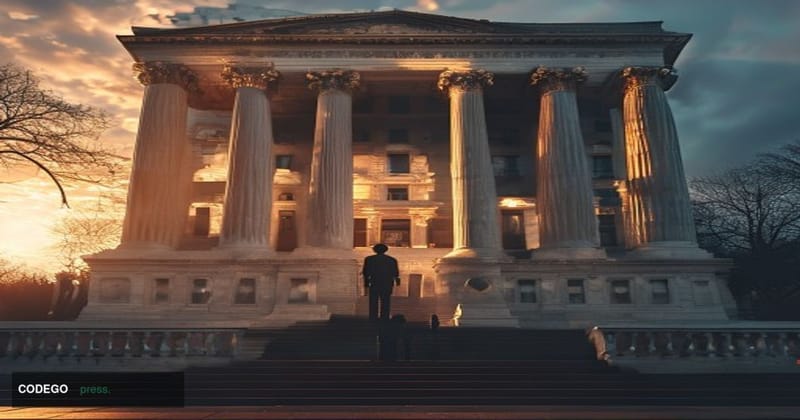 A cinematic editorial photograph of the SEC headquarters building in Washington D.C., specifically the iconic neoclassical fa