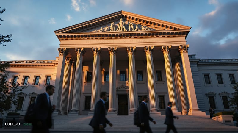 A photorealistic editorial photograph showing the imposing neoclassical facade of the SEC headquarters building in Washington