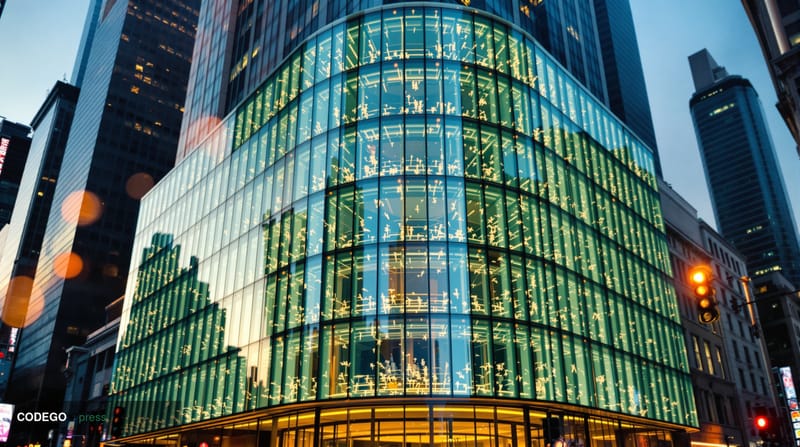 A cinematic editorial photograph of the iconic curved glass facade of the Nasdaq MarketSite building in Times Square, New Yor