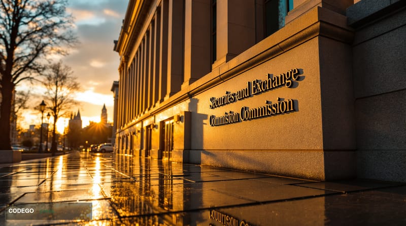A cinematic editorial photograph capturing the SEC headquarters building in Washington D.C. at golden hour, with dramatic chi