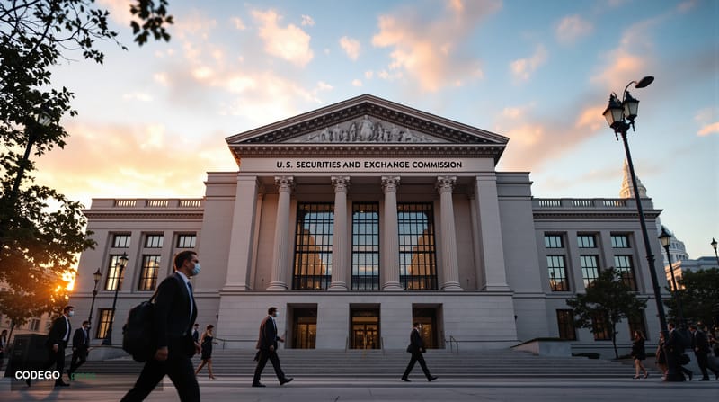 A photorealistic editorial photograph of the SEC headquarters building in Washington D.C., captured during golden hour with d