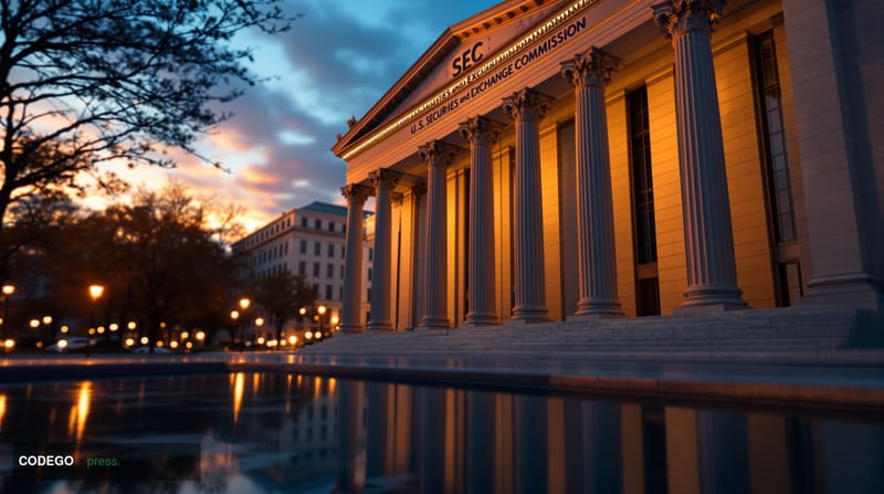 A photorealistic 8K editorial photograph showing the imposing neoclassical facade of the SEC headquarters building in Washing