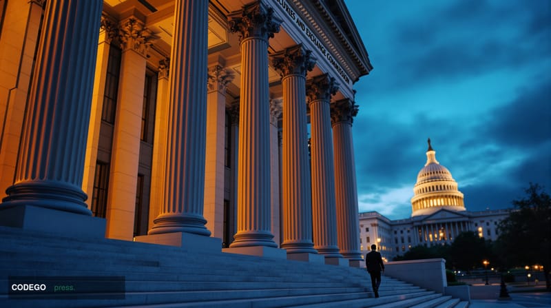 A cinematic editorial photograph of the SEC headquarters building in Washington DC, shot during golden hour with dramatic chi