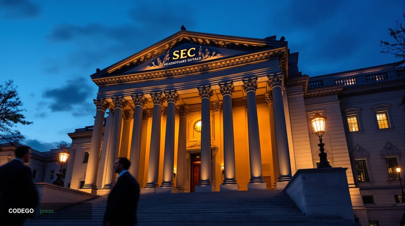 A photorealistic editorial photograph showing the imposing neoclassical facade of the SEC headquarters building in Washington