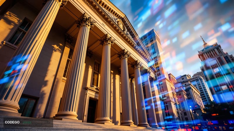 A dramatic wide-angle photograph of the Securities and Exchange Commission headquarters building in Washington D.C., captured