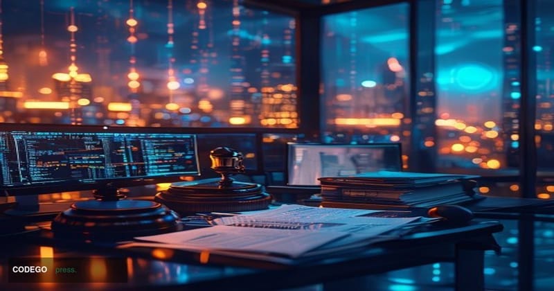 A dramatic photorealistic editorial photograph capturing the intersection of cryptocurrency fraud and artificial intelligence