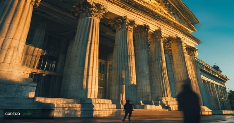 A cinematic editorial photograph showing the imposing facade of the SEC headquarters building in Washington DC, shot from a l