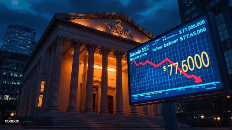 A dramatic photorealistic editorial photograph capturing the intersection of traditional finance and cryptocurrency regulatio