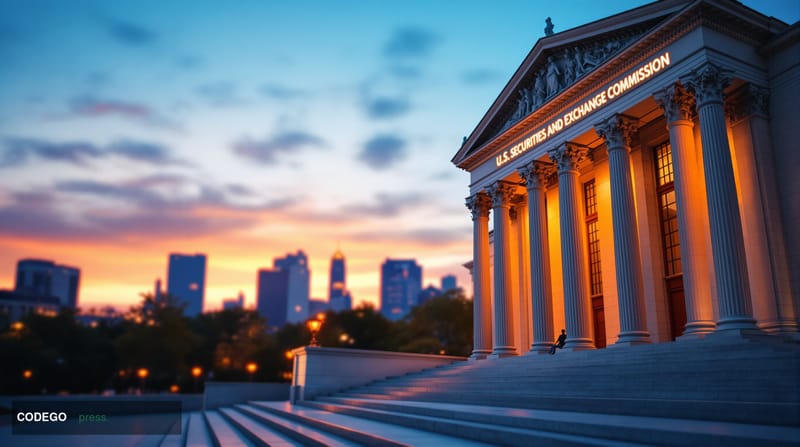 A photorealistic editorial photograph of the SEC headquarters building in Washington D.C., captured during golden hour with d