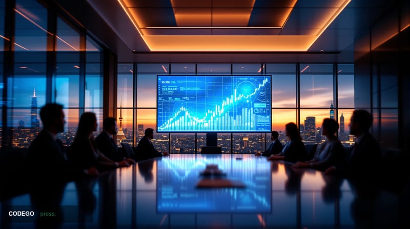 A photorealistic editorial photograph showing a modern tech company boardroom or conference room with multiple large displays