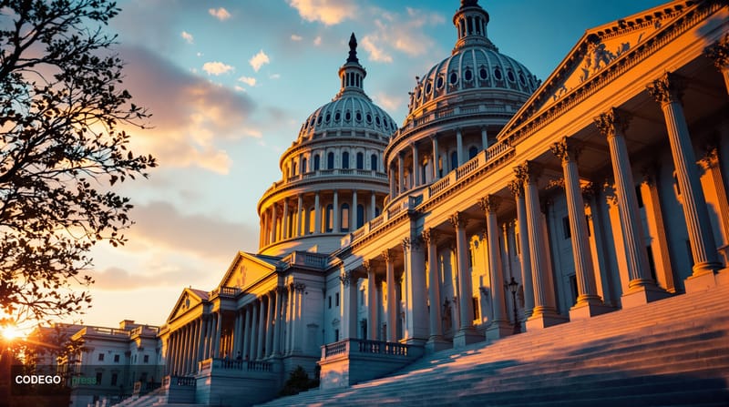 A cinematic editorial photograph of the United States Capitol building at golden hour, shot from the Senate side with dramati