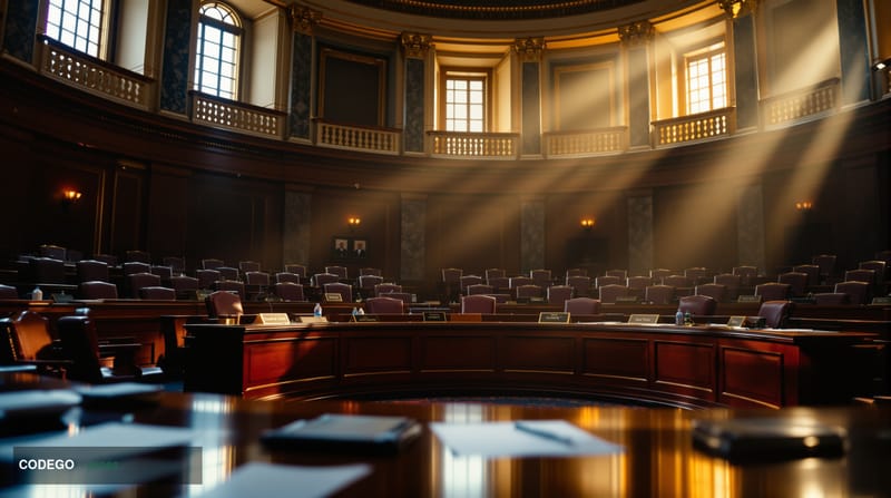 A cinematic editorial photograph of the United States Senate Banking Committee hearing room in the Hart Senate Office Buildin