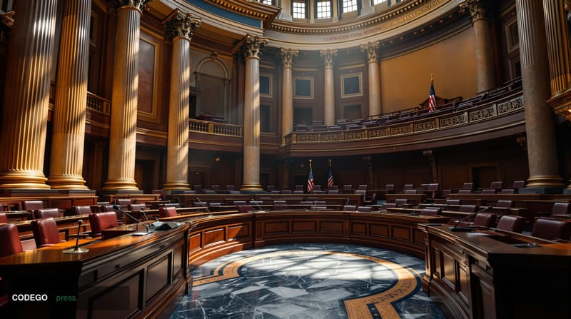 A dramatic photorealistic editorial photograph of the Hart Senate Office Building in Washington DC, specifically the Senate B