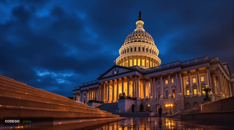 A cinematic editorial photograph of the United States Capitol building's iconic dome and neoclassical architecture, shot from