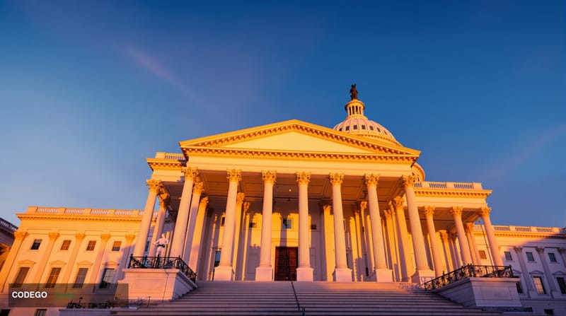 A dramatic photorealistic editorial photograph of the US Capitol building's iconic dome and neoclassical architecture shot fr