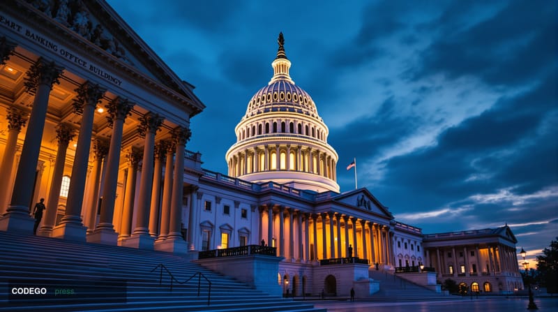A dramatic wide-angle photograph of the United States Capitol building at dusk, with warm golden light illuminating the iconi