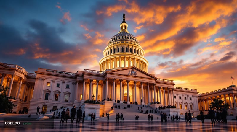 A dramatic wide-angle photograph of the United States Capitol building's iconic dome and neoclassical architecture, shot duri
