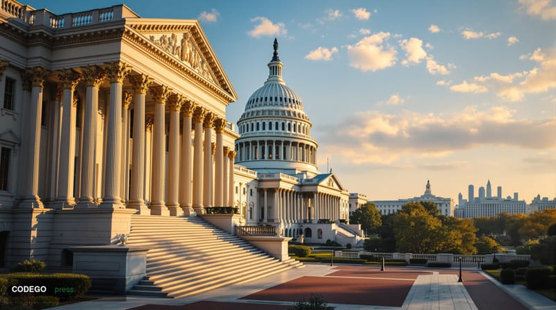 Photorealistic editorial photograph of the U.S. Capitol building's iconic dome and neoclassical architecture shot from a low 