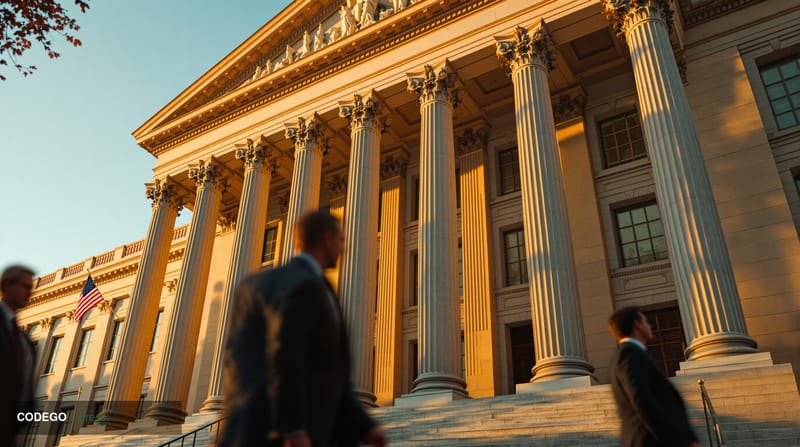 A cinematic photorealistic 8K editorial photograph of the Hart Senate Office Building in Washington D.C., specifically showin