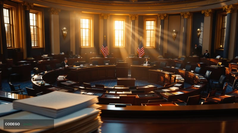 A photorealistic editorial photograph of the United States Senate chamber from an elevated angle, showing the iconic semicirc