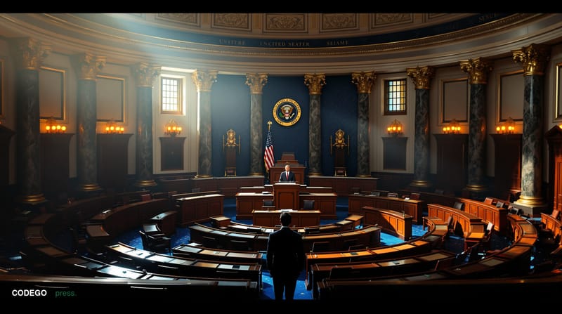 A cinematic editorial photograph of the United States Senate chamber viewed from the gallery, showing the iconic semicircular
