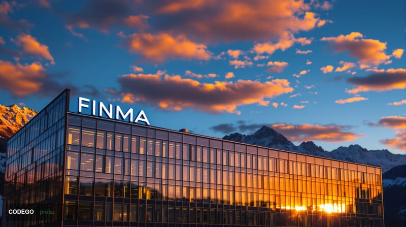 A cinematic editorial photograph showcasing the Swiss financial regulatory landscape with FINMA's distinctive headquarters bu