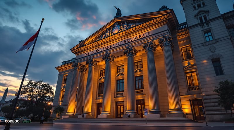 A cinematic editorial photograph capturing the imposing neoclassical facade of the National Bank of Serbia headquarters build