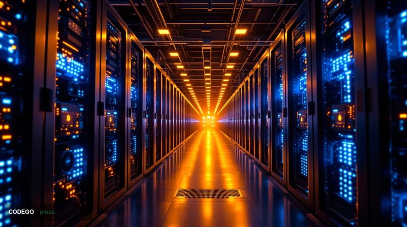 A cinematic editorial photograph of a massive Bitcoin mining facility at golden hour, featuring rows upon rows of ASIC miners