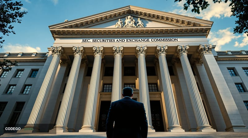 A dramatic photorealistic editorial photograph showing the imposing neoclassical facade of the SEC headquarters building in W