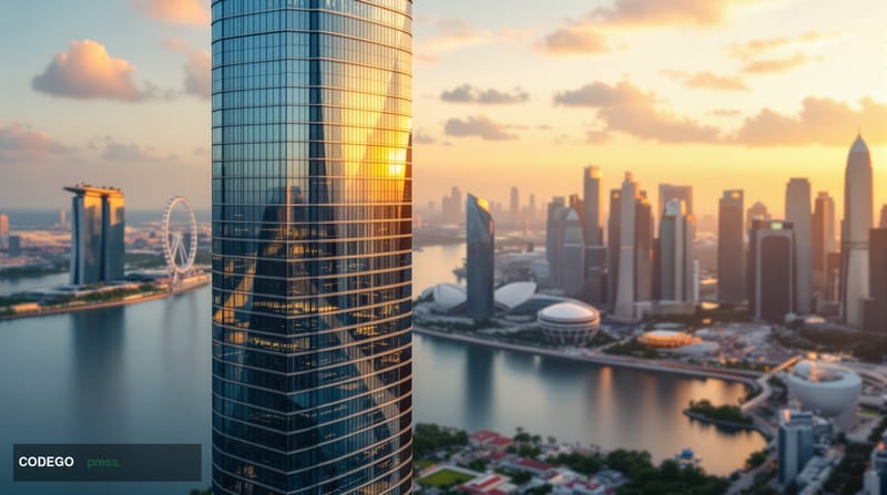 A striking editorial photograph capturing Singapore's Marina Bay financial district at golden hour, featuring the iconic SGX 