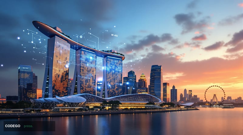 A cinematic editorial photograph showcasing Singapore's Marina Bay financial district skyline at golden hour, with the iconic