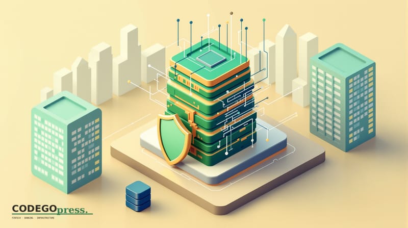 Flat 3D isometric vector editorial illustration. Banking-green primary (#1A6B43), cream background, gold and navy accents, so