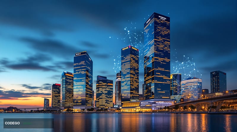 A cinematic editorial photograph capturing Singapore's Marina Bay Financial District at golden hour, with the iconic skyline 