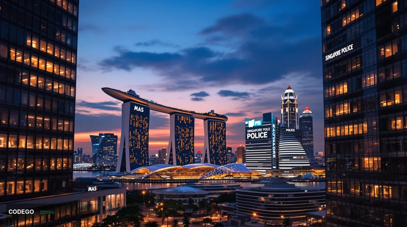 A dramatic photorealistic editorial photograph of Singapore's financial district at dusk, featuring the iconic Marina Bay sky