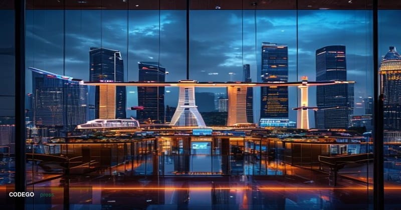 A photorealistic editorial photograph showcasing Singapore's financial district with the iconic Marina Bay Sands and CBD skyl