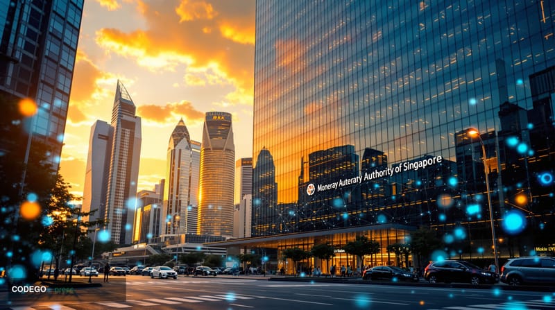 A cinematic photorealistic editorial photograph of the Monetary Authority of Singapore headquarters in the Marina Bay Financi