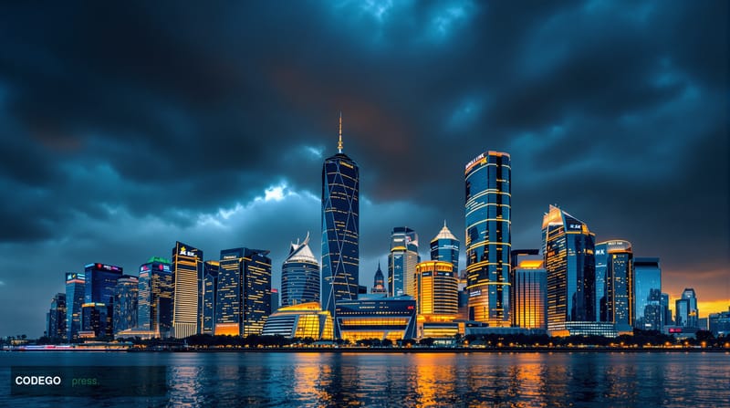 A dramatic photorealistic editorial photograph capturing Singapore's central business district with the iconic Marina Bay sky