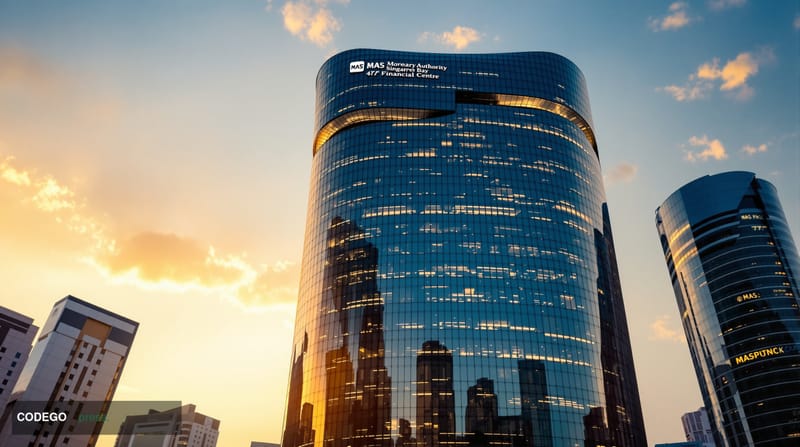 A dramatic editorial photograph of the Monetary Authority of Singapore's distinctive curved glass headquarters building in th
