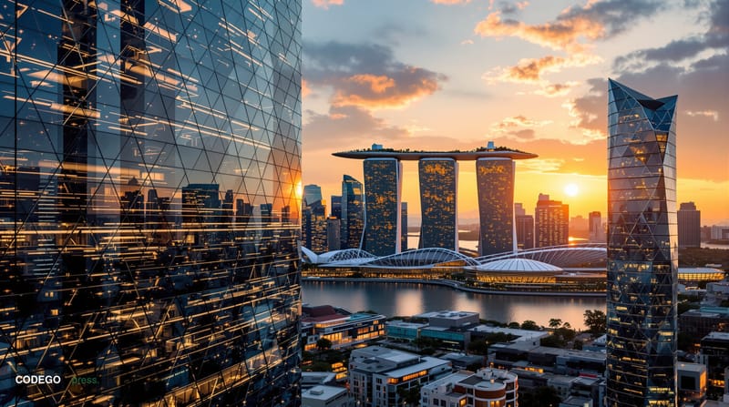 A photorealistic editorial photograph of Singapore's iconic Marina Bay financial district at golden hour, showcasing the glea