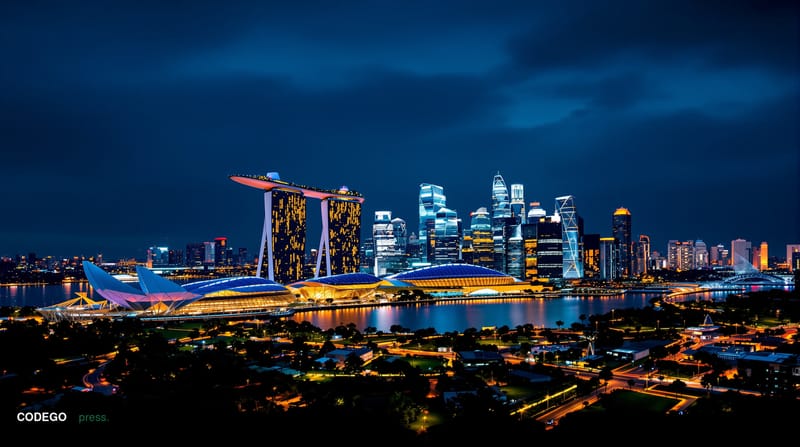 A cinematic editorial photograph of Singapore's iconic Marina Bay Sands and downtown financial district skyline at golden hou