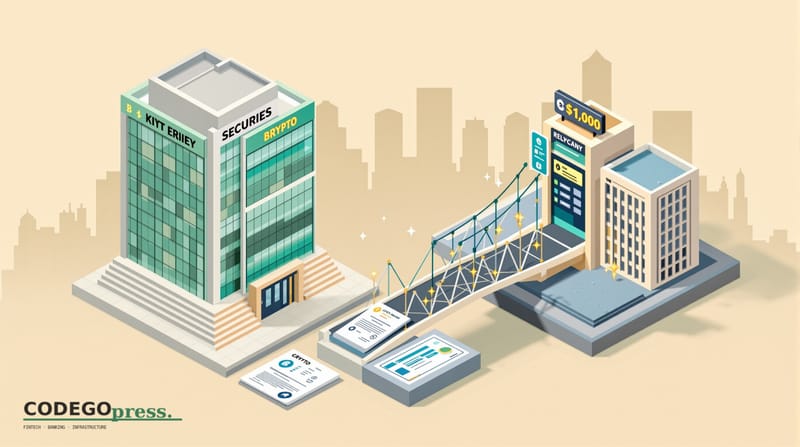 Flat 3D isometric vector illustration showing a central securities depository building (modernist architecture, banking-green