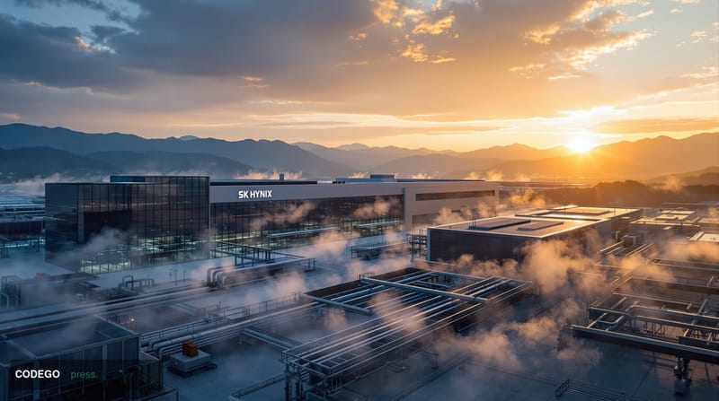 A cinematic photorealistic editorial photograph showcasing SK Hynix's South Korean semiconductor manufacturing facility with 