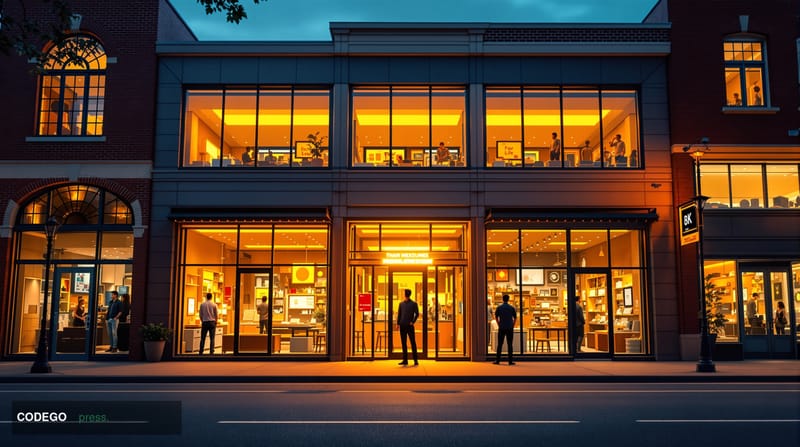 A photorealistic editorial photograph of a bustling small business district main street during golden hour, with diverse stor
