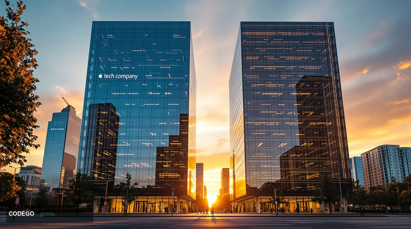 A photorealistic editorial photograph showing the modern glass facades of two distinct tech company headquarters in a dramati