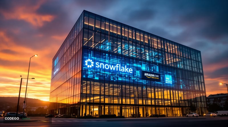 A cinematic editorial photograph of Snowflake's modern corporate headquarters in San Mateo, California, captured during golde