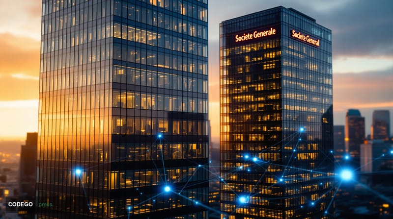 A cinematic editorial photograph showcasing Societe Generale's iconic corporate headquarters building in La Défense business 