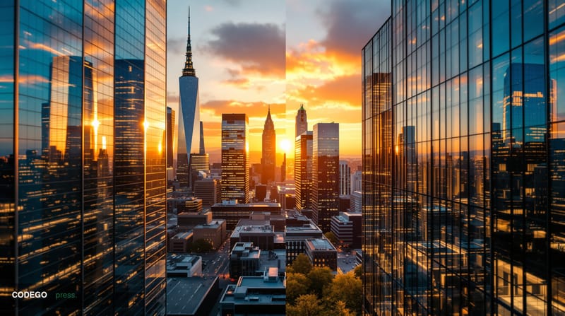 A cinematic editorial photograph showcasing the transatlantic nature of this fintech acquisition, featuring a split compositi