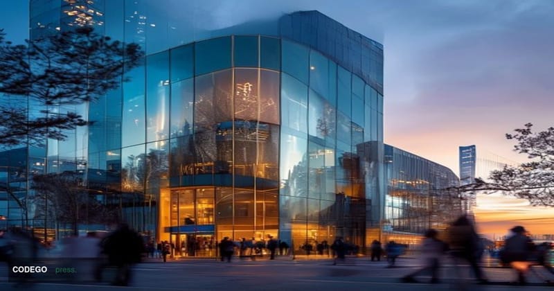 A dramatic editorial photograph of SoFi's distinctive modern headquarters building in San Francisco's SOMA district, captured