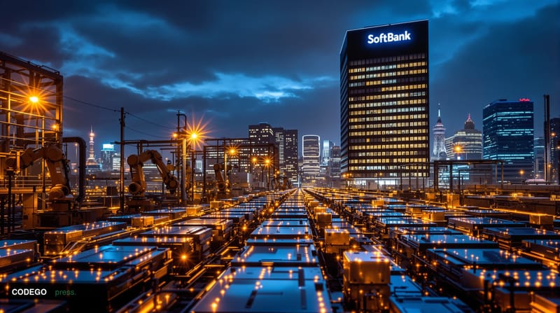 A photorealistic editorial photograph showcasing SoftBank's Tokyo headquarters towering majestically against the city skyline